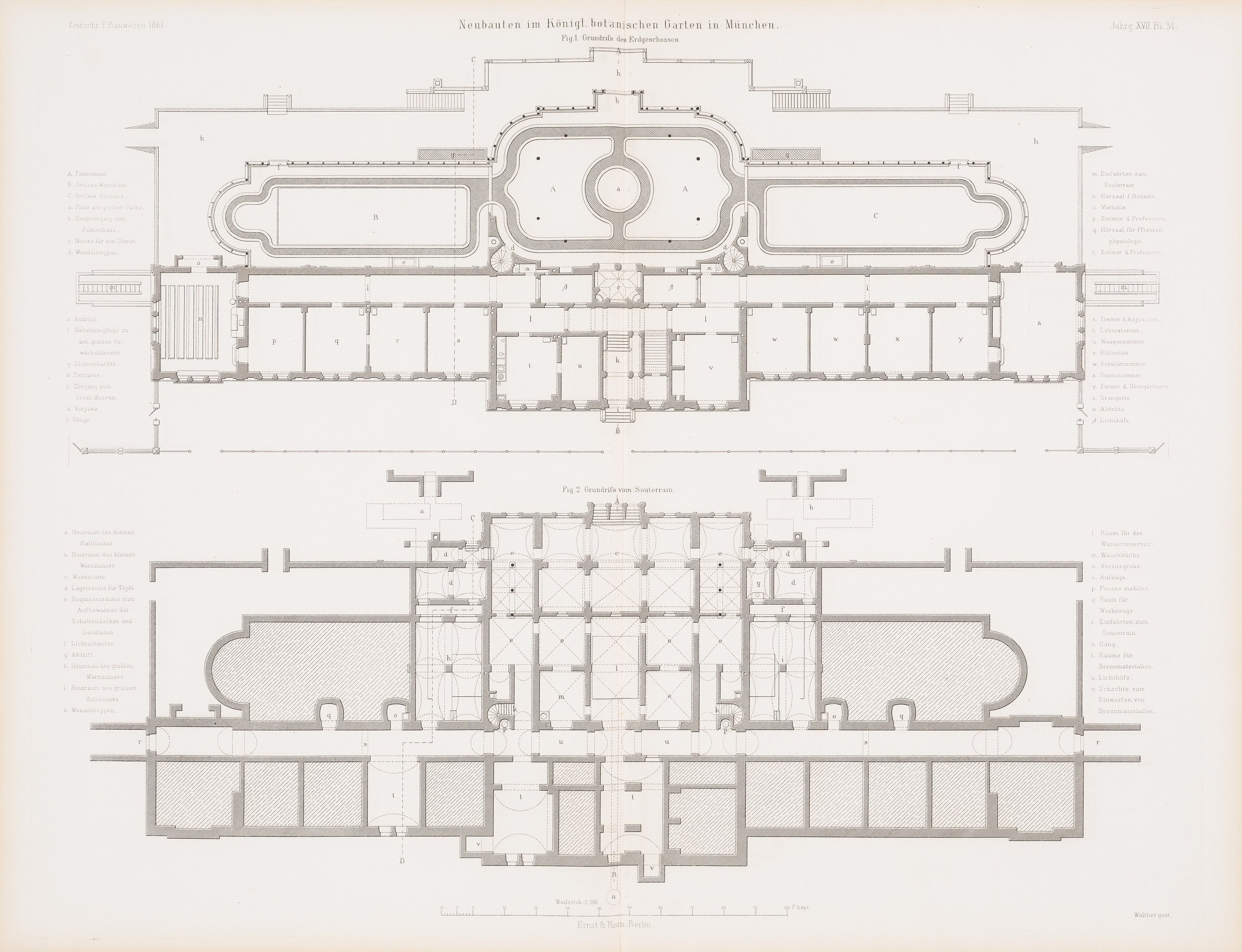 Black and white architectural floor plan of the Neubauhaus building in Munich, Germany, with detailed room layouts and accompanying text.