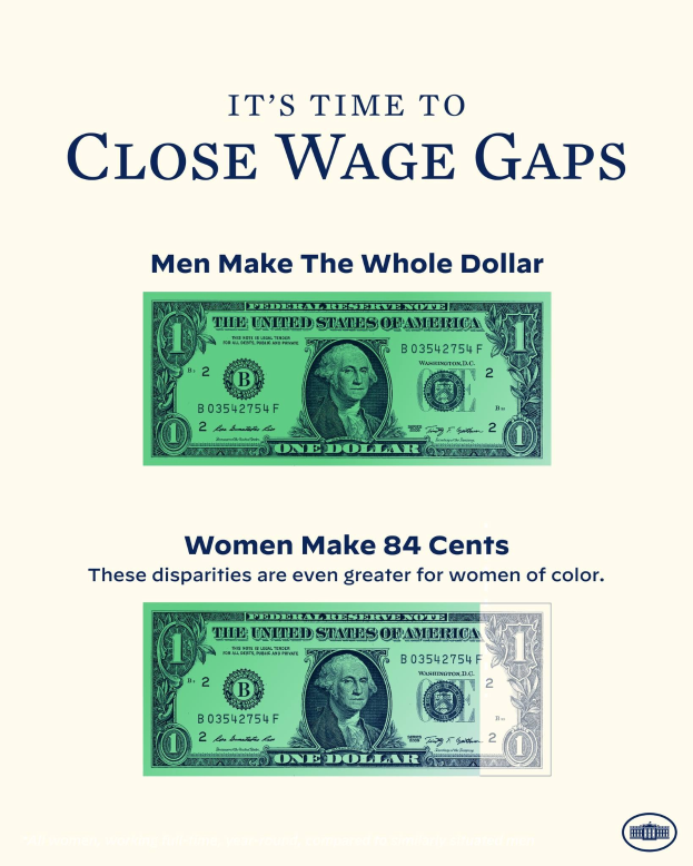 Plakat mit Dollarnoten-Abbildung und Text "Es ist Zeit, Lohnlücken zu schließen, Männer machen den ganzen Dollar", für die Bewusstseinserhöhung von Lohnungleichheit.