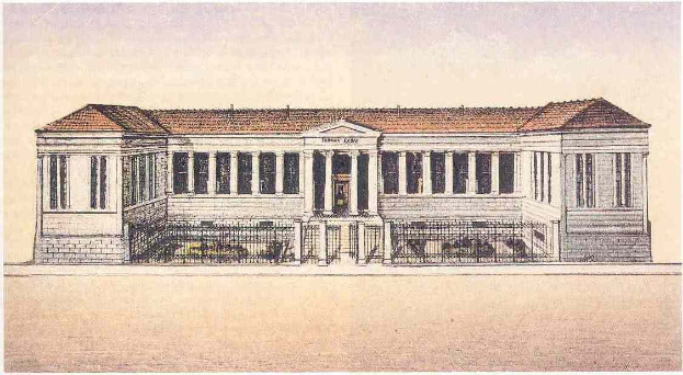 Alte Postkarte des Renaissance Museums in New York City, die ein Gebäude mit Säulen und einem Dach zeigt, das von einem Zaun umgeben ist und einen klaren blauen Himmel hat.