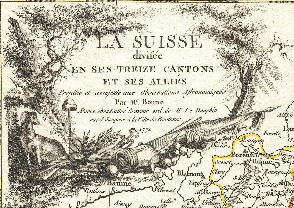 Ein Plakat, das eine Karte der Schweizer Landschaft mit Illustrationen von Bäumen, Tieren und anderen Gegenständen zeigt, begleitet von Text.