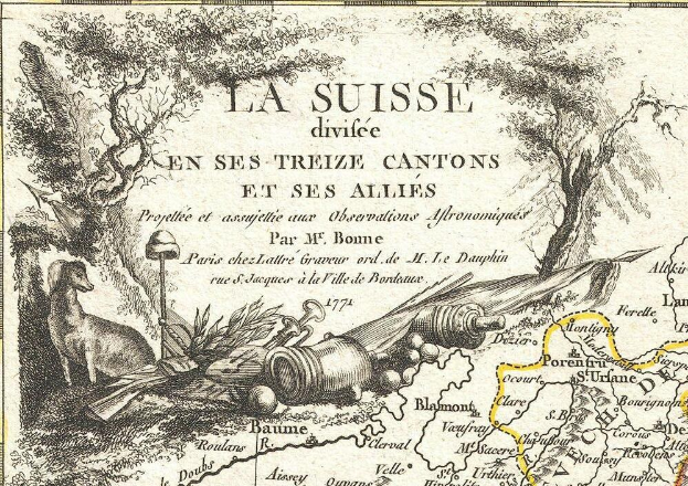 Ein Plakat, das eine Karte der Schweizer Landschaft mit Illustrationen von Bäumen, Tieren und anderen Gegenständen zeigt, begleitet von Text.