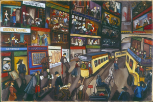 Ein Gemälde, das eine belebte Stadtstraße mit Menschen, Fahrzeugen, Gebäuden und verschiedenen Geschäften zeigt.