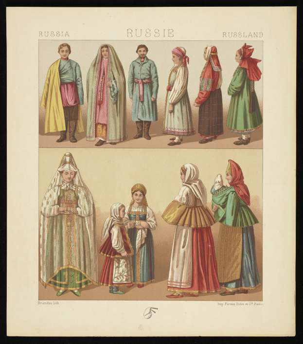 A group of people in traditional Russian clothing posed within an intricately decorated photo frame, wearing colorful dresses of varying vibrancy.