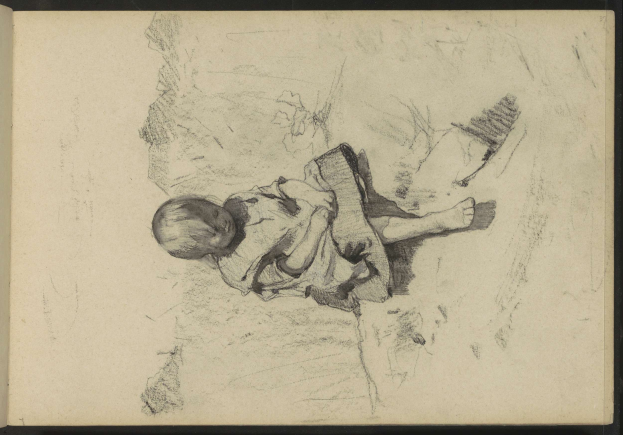 A drawing of a sleeping baby with its head on its hands, created by William Henry Potthast between 1885 and 1910, in a light blue background.