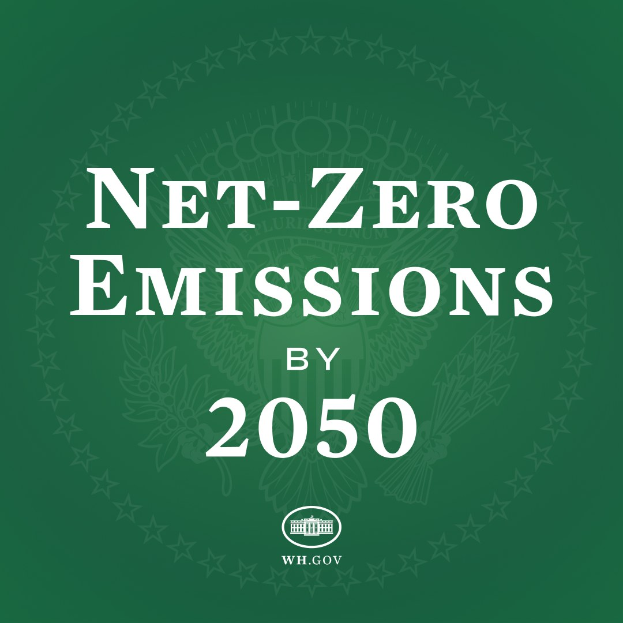 Weißer fetter Text "net-zero emissions by 2050" auf einem festen grünen Hintergrund.