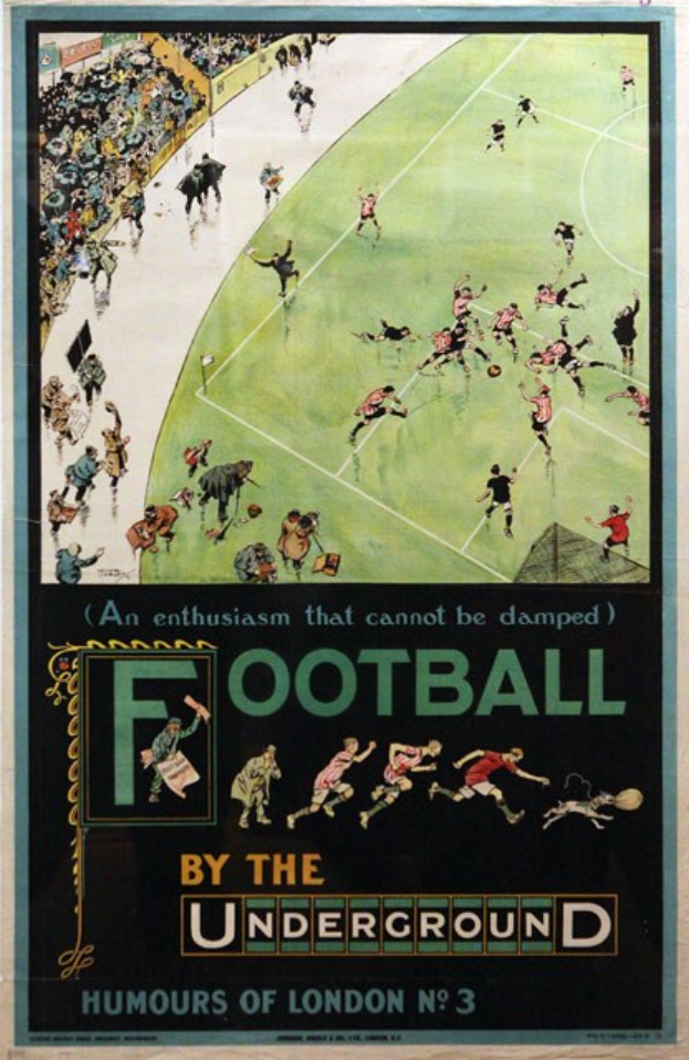 Ein Vintage-Plakat, das eine Menge beim Fußballspiel in einem Stadion zeigt, mit der Aufschrift "Fußball von der U-Bahn - Londoner Humor Nr. 3" oben.
