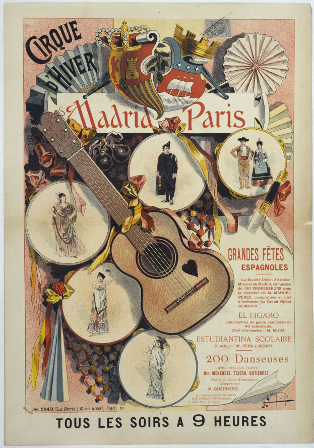 Konzertplakat in Madrid, Spanien, mit Bildern von Menschen, einer Gitarre und anderen Musikinstrumenten mit Text.
