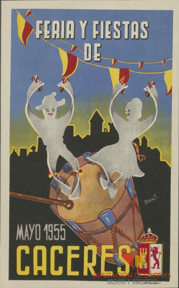 Colorful poster advertising the Feria y Fiestas de Cáceres carnival in Spain, featuring traditional costumes, a yellow background, and bold black text.