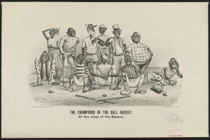 Eine Schwarz-Weiß-Zeichnung einer Gruppe von Menschen, einige stehen, einige sitzen, mit Baseballschlägern und Bällen drumherum, mit dem Text "Die Meister des Ballspiels am Ende der Saison" unten.