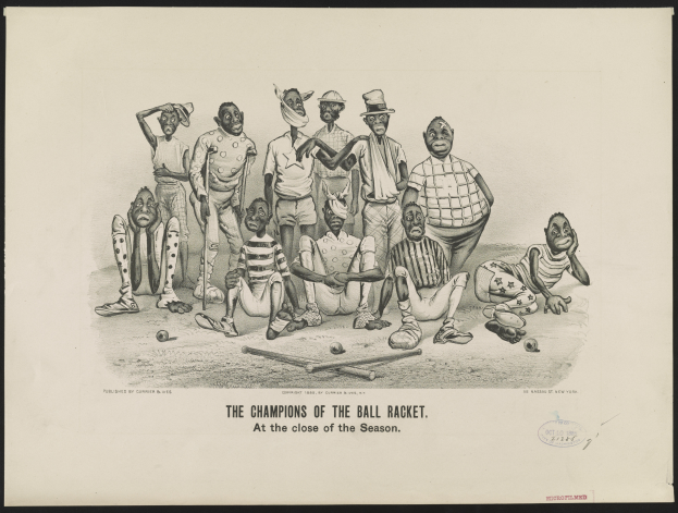 Eine Schwarz-Weiß-Zeichnung einer Gruppe von Menschen, einige stehen, einige sitzen, mit Baseballschlägern und Bällen drumherum, mit dem Text "Die Meister des Ballspiels am Ende der Saison" unten.