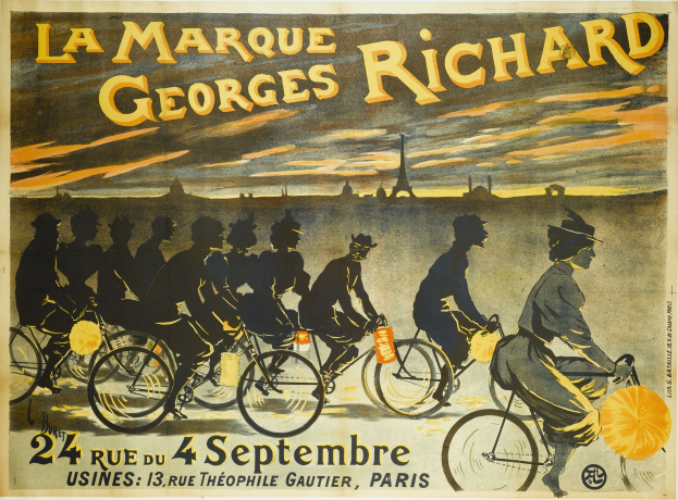 Ein Plakat, das ein Fahrradrennen in Paris, Frankreich, bewirbt, mit einer Gruppe von Radfahrern im Vordergrund und der Eiffelturm im Hintergrund sowie Text, der das Ereignis beschreibt.