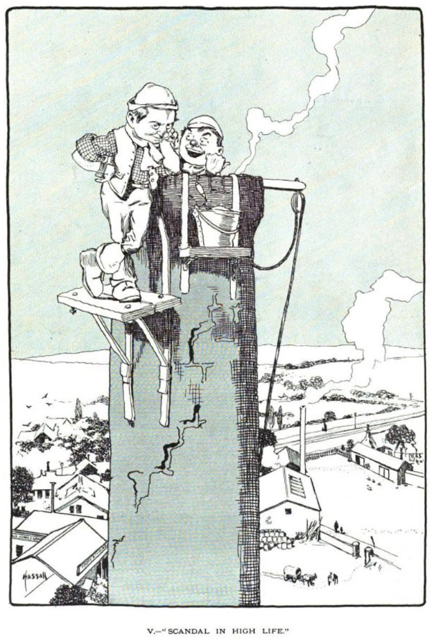 Cartoon of a man holding a bucket and a woman holding an object standing on a pole with houses, trees, and smoke in the background and the text "Scandal in High Life" at the bottom.