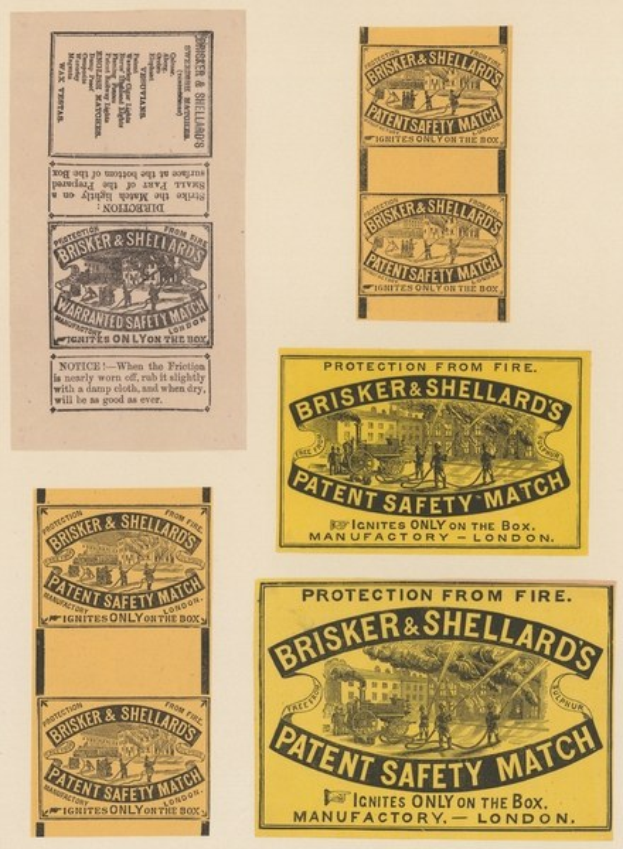 Papier mit dem Text "Brisker & Shellard's Patent Safety Match" auf mehreren angehefteten Zetteln.