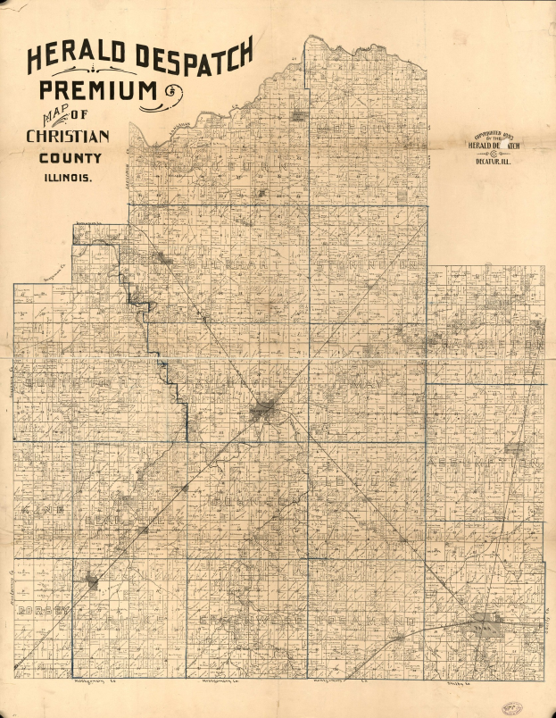 Old paper map of Herald Despatch, Illinois, showing streets, parks, and landmarks.