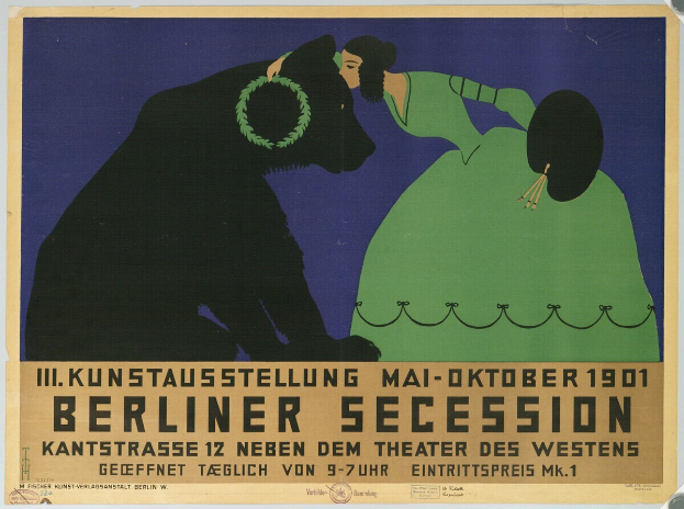 Plakat der Berliner Secession mit einer Frau in grünem Kleid und einem Mann im schwarzen Anzug, mit Textbeschreibung des Ereignisses.