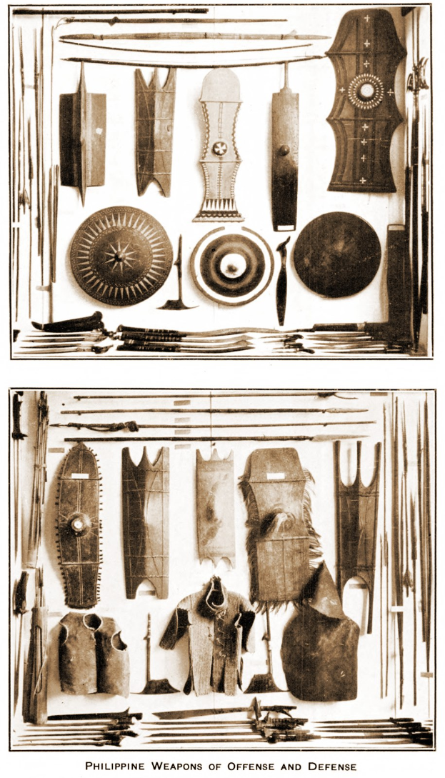 Poster displaying various Philippine weapons of offense and defense, such as swords, spears, and shields, with the title "Philippine Weapons of Offense and Defense" at the bottom.