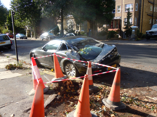Ein beschädigtes Auto am Straßenrand mit orangefarbenen Verkehrskegeln drumherum, vor einem Hintergrund aus Bäumen, Gebäuden und einem klaren blauen Himmel.