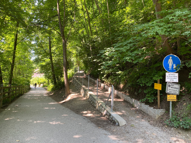 Eine Person fährt mit dem Fahrrad auf einem asphaltierten Weg durch den Wald, mit einem hölzernen Zaun auf der linken Seite und Schildern mit Text und Bildern auf der rechten Seite.