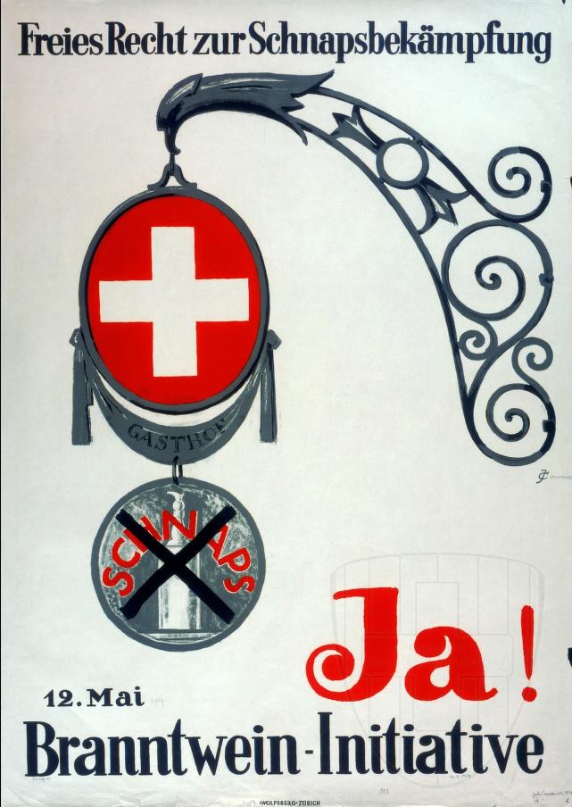 Plakat mit rotem Kreuzsymbol und fetter schwarzer Schrift, die "Jä Brantwein-Initiative" lautet.