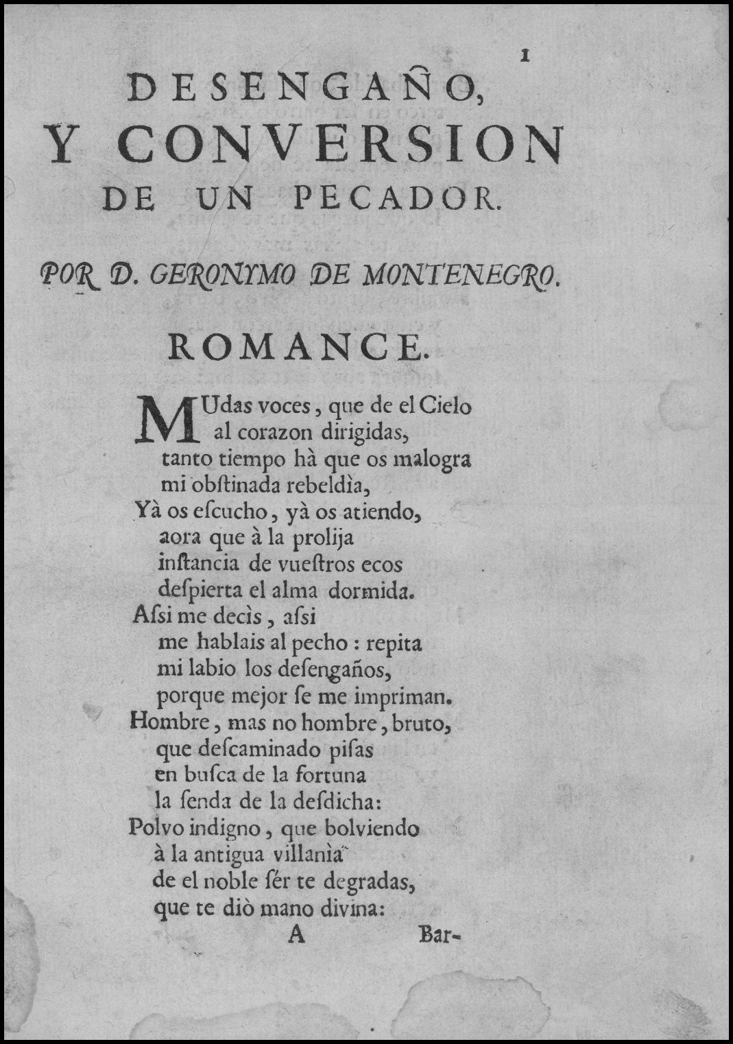 Paper with a black border containing the text "desengano, y conversion de un pecador por d geronimo de montenegro".