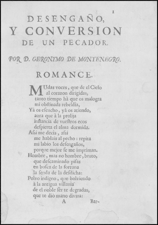 Paper with a black border containing the text "desengano, y conversion de un pecador por d geronimo de montenegro".