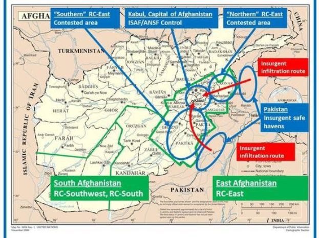 Detailed map of Afghanistan and Pakistan with text outlining the Afghan War route, including geographical features and conflict details.