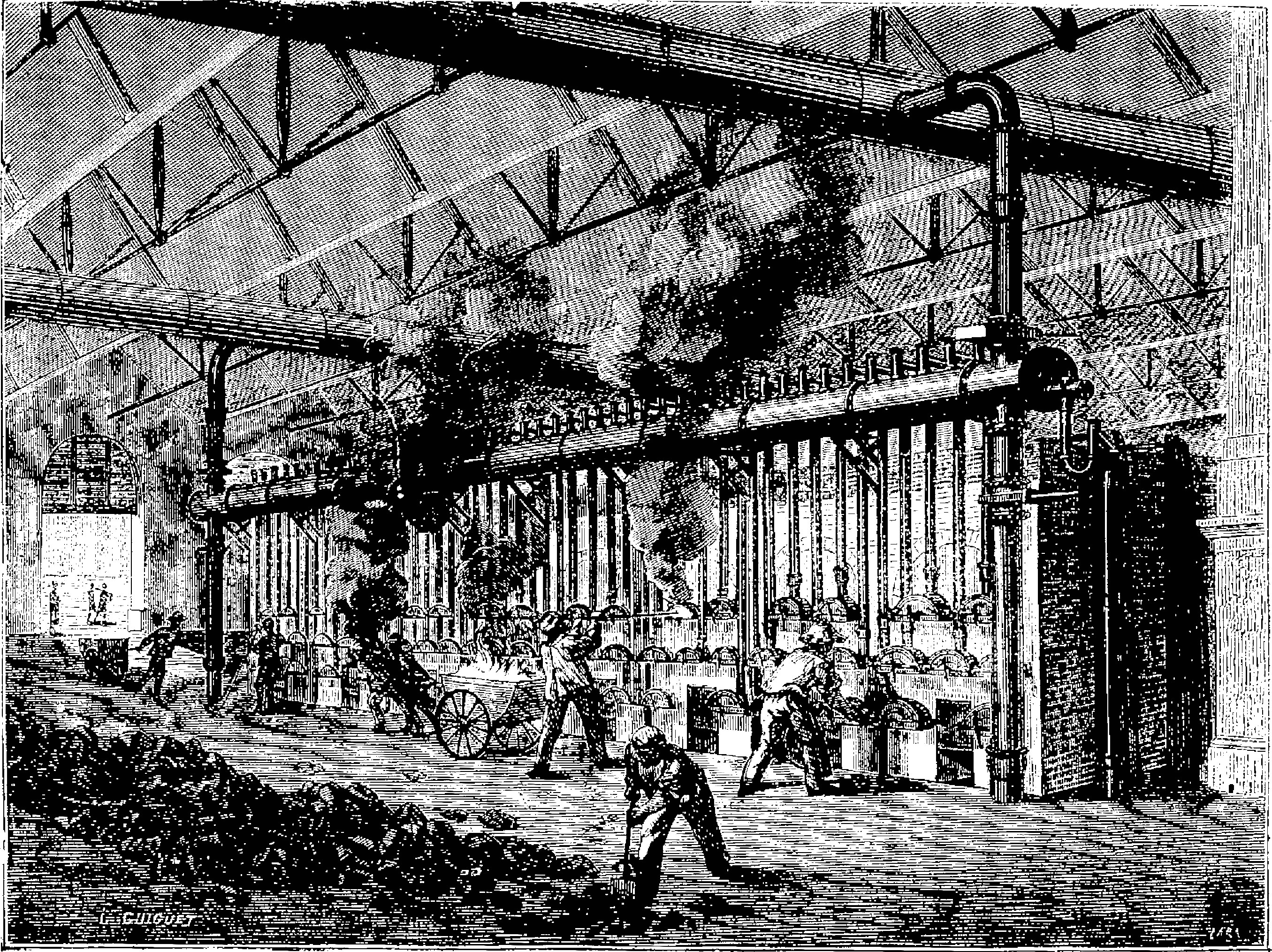 Black and white illustration of a busy 1910s steel mill with workers, machinery, and structural elements.