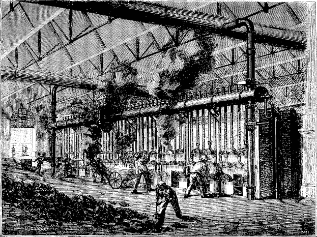 Black and white illustration of a busy 1910s steel mill with workers, machinery, and structural elements.