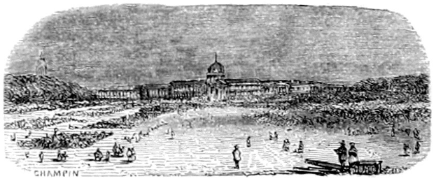 Schwarz-weiß-Zeichnung eines Stadtplatzes mit Menschen, die um ein zentrales Gebäude herumlaufen, mit Text unten.