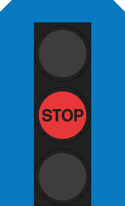 Verkehrsampel mit rotem Halteschild vor einem blauen Himmel.