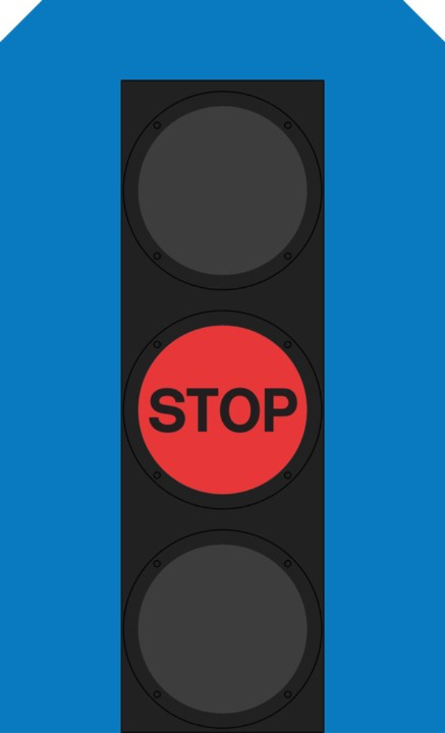 Verkehrsampel mit rotem Halteschild vor einem blauen Himmel.