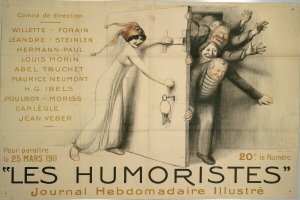 Ein Plakat an einer Gebäudewand mit einer Gruppe lachender Menschen und der großen Schrift "Les Humoristes Journal Hebdomadaire Illustré" oben.