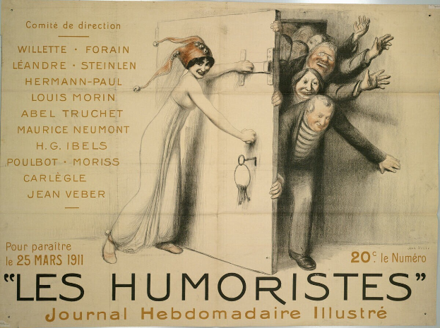 Ein Plakat an einer Gebäudewand mit einer Gruppe lachender Menschen und der großen Schrift "Les Humoristes Journal Hebdomadaire Illustré" oben.