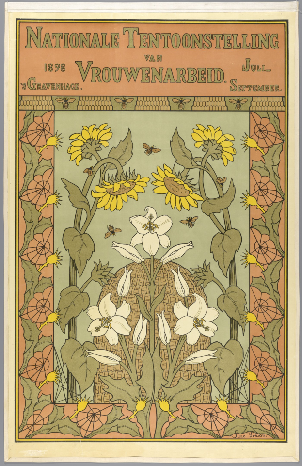 A poster for the Nationale Tentoonstelling in Vrouwenarbeid in the Netherlands, featuring a symmetrical arrangement of colorful flowers and leaves in yellow, pink, and purple with bold black text.
