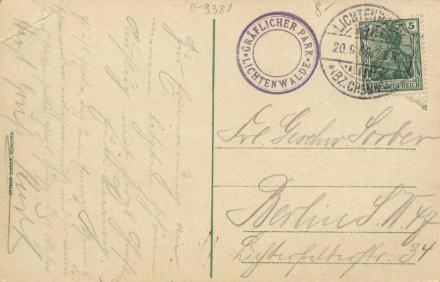 Old postcard with a stamp reading "Lichtenwald, Germany - Cover to Germany," featuring handwritten text and two additional stamps in the top right corner.