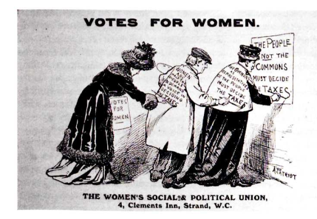 Three women in traditional clothing hold a paper reading "Votes for Women: The Women's Social & Political Union" against a light blue sky with white clouds.