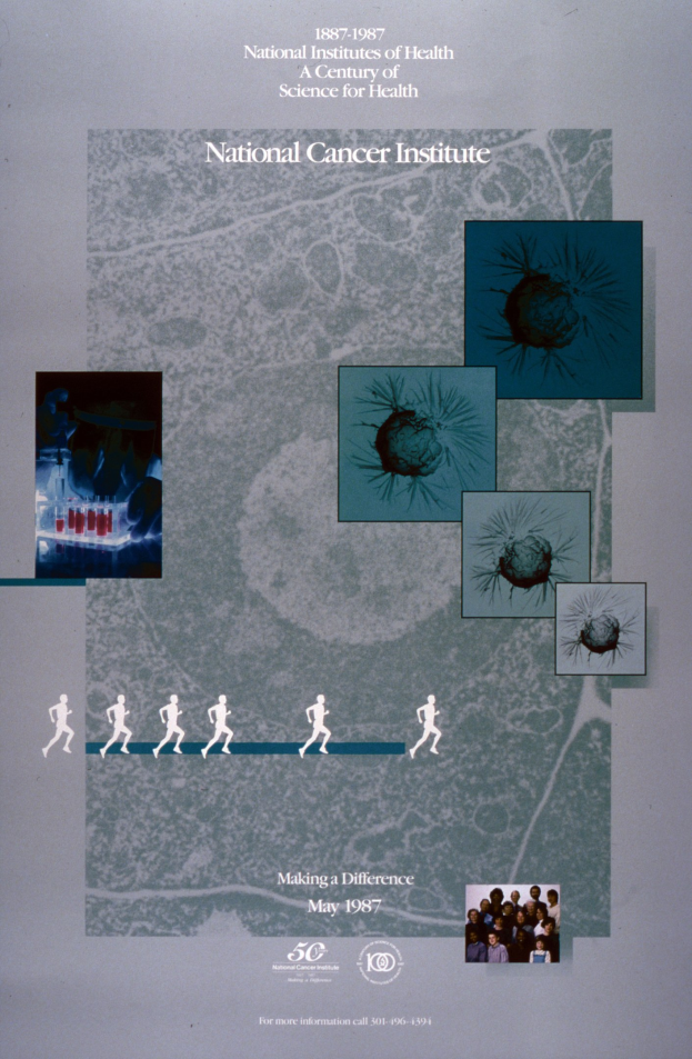 Buntes Plakat für das National Cancer Institute mit einem blauen Hintergrund, fetter weißer Schrift, die "National Cancer Institute" lautet, umgeben von überlappenden Kreisbildern von strahlenden Menschen verschiedenen Alters, Geschlechts und Ethnien.