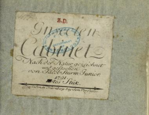 Old book titled "Z.D. Nuremberg, Germany, 1791" with a stamp indicating it is the first edition and handwritten text on its pages.