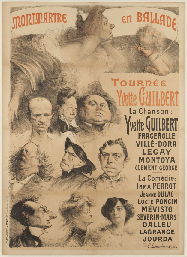 Poster advertising a concert featuring Yvette Guilbert, with a group of people in the background and text describing the event.