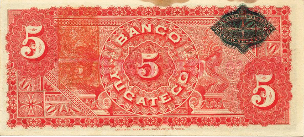 Eine rote und schwarze Fünf-Bancos-Banknote der American Bank of New York mit dem Porträt eines Mannes und einem Nennwert von 5 Yucatec.