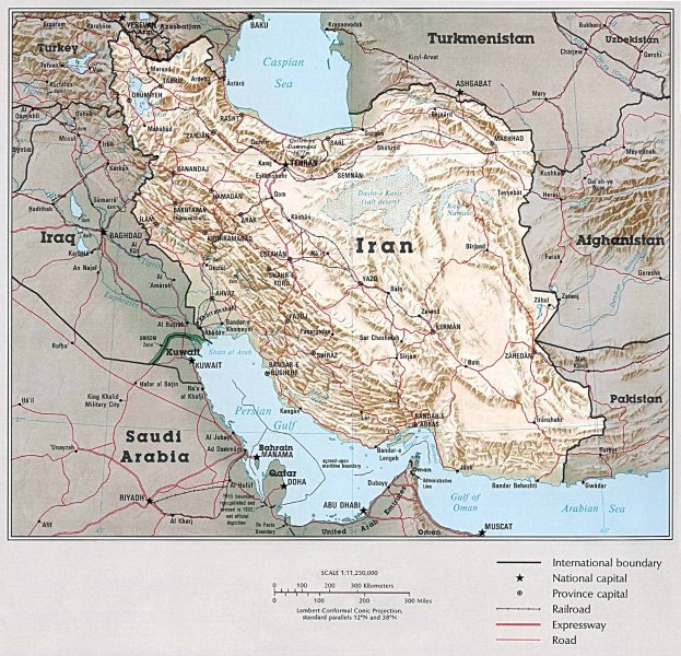 Detailed political map of Iran showing major cities, rivers, and geographical features, with text and numbers at the bottom.