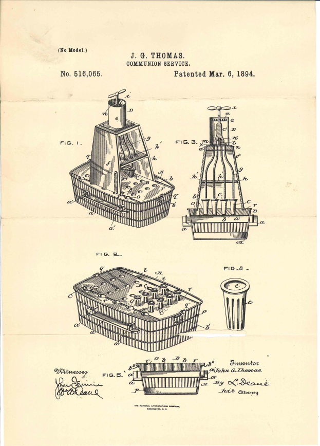 Black and white drawing of a mechanical device with labeled components on a book page, likely a patent illustration.