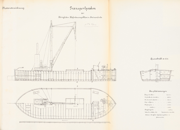 Eine detaillierte Strichzeichnung eines Boots mit beschrifteten Komponenten, einschließlich des Rumpfs und der Segel, auf einer offenen Buchseite mit begleitendem Text.