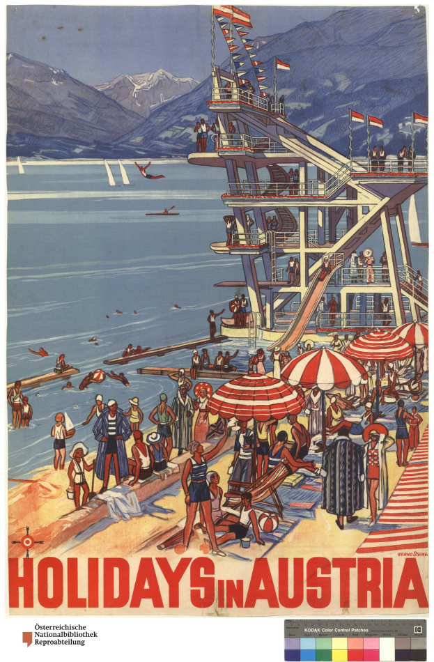 Plakat für Österreich-Urlaub mit Menschen am Strand mit Schirmen, Schiff im Hintergrund, winkenden Flaggen, entfernten Bergen und Text.