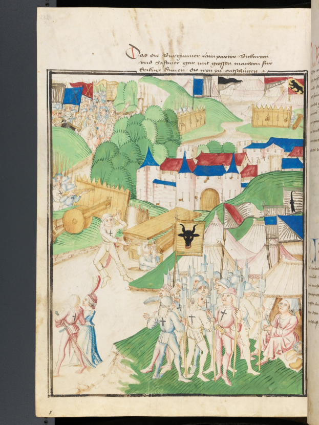 Open book with a medieval battle scene painting featuring people, houses, trees, and grass, accompanied by descriptive text.