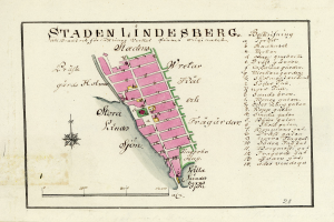 Eine detaillierte Karte der Stadt Staden Lindesberg, Deutschland, die Straßen, Gebäude und Sehenswürdigkeiten zeigt, mit darauf geschriebenem Text.