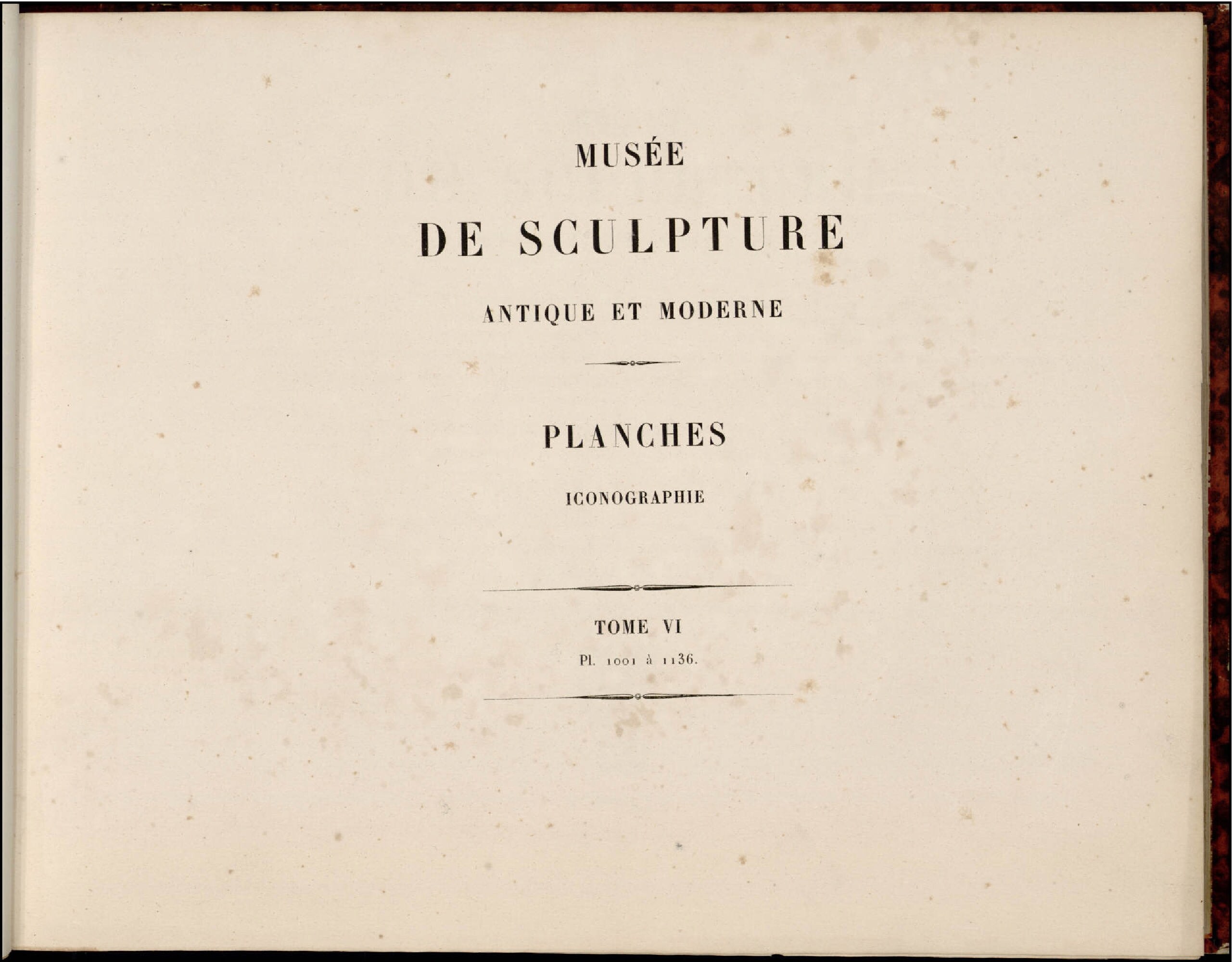 Old book titled "Musee de Sculpture Antique et Moderne" featuring a collection of antique and modern sculptures with intricate details and vibrant colors.
