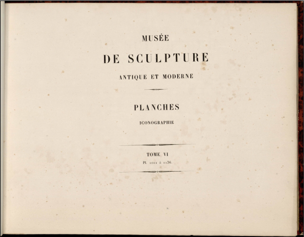 Old book titled "Musee de Sculpture Antique et Moderne" featuring a collection of antique and modern sculptures with intricate details and vibrant colors.