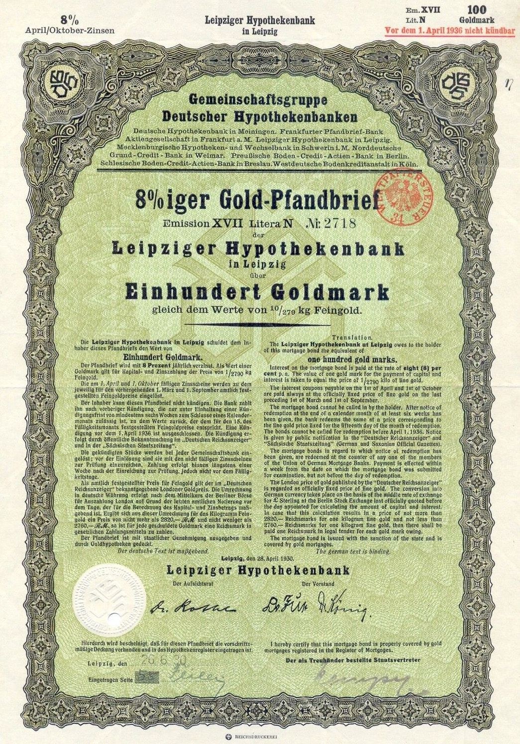 Old green stock certificate from Leipzig Hypothekbank with printed text and a stamp.