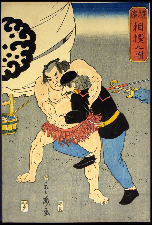 Japanisches Holzschnittbild von Utagawa Kunisada Toyokuni III aus der Serie Fifty-Three Stations of the Tokaido, das zwei Sumo-Ringer im Kampf zeigt, einer hält einen Schirm und der andere einen Stock, mit einem detaillierten Hintergrund aus Gegenständen und Text.